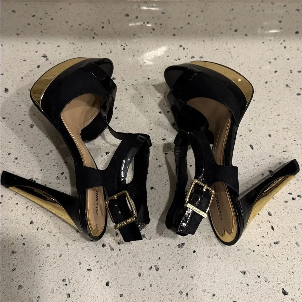 Gianni Bini Elegant Black and Gold Platform Special Occasion Heels Open Toe 8.5